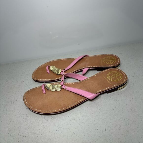 Lilly Pulitzer via Palm Beach Pink Leather Thong Sandals w/Gold Shells - Sz 10M - Picture 4 of 7